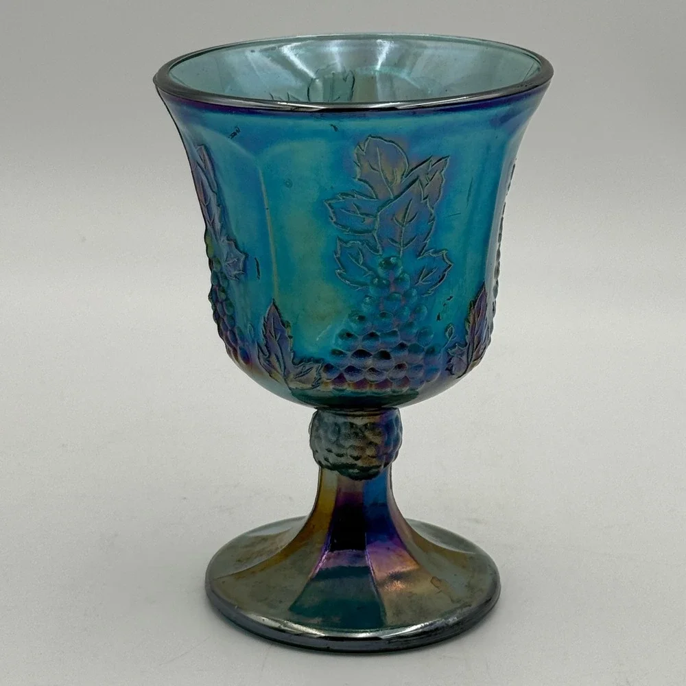 Vintage Blue Carnival Glass Grape Leaf Embossed Goblet Iridescent Water Wine Cup